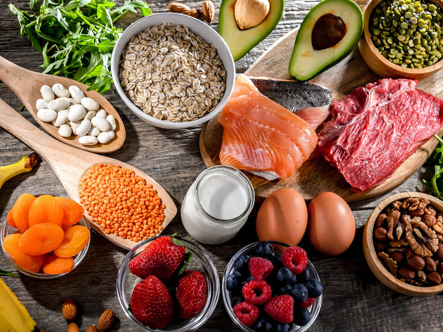 Portions of grains, meat, salmon, eggs, avocado, berries, bananas, nuts and legumes