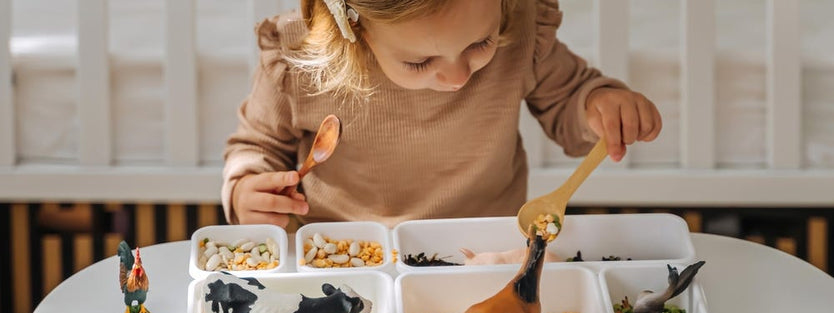 child playing with seeds and legumes